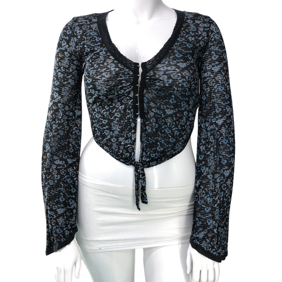 Free People Womens Size M Crop Top Mesh Bell Sleeve Tie Waist Hook and Eye Close - Picture 12 of 16